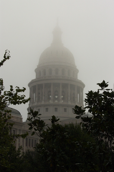 The Texas Capitol dome, shrouded in fog on election day.